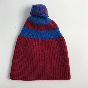 Vintage tight knit Pom Pom Winter Hat Beanie Cap Red With Blue Stripes